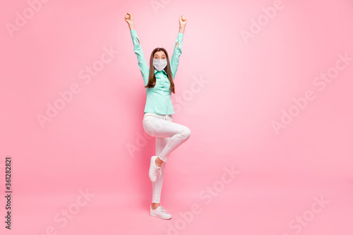 Full length body size view of her she nice attractive healthy girl wearing safety mask celebrating freedom stop flu grippe influenza contamination syndrome isolated pink color background