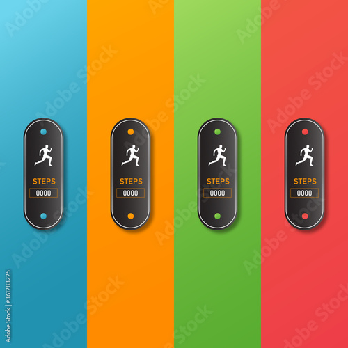 vector fitness counter run app buttons ( 4 color background design ). vector illustration of creative Buttons set. 3D wrist band bracelet set