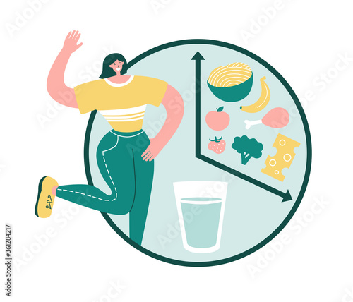 Intermittent fasting. Happy woman smiles and starts fasting. Healthy food in the eating window. Alarm with glass of water and food. Time restricted eating concept. Modern flat character design.