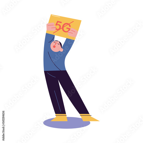 Man holding placard in raised hands and protecting against 5g technologies