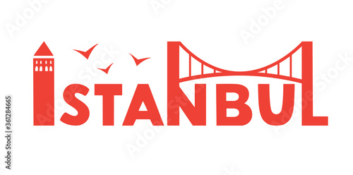 Istanbul. Vector illustration Istanbul, Turkey. City name with the Turkish landmarks and symbols. Silhouette of the Galata Tower and the bridge. Logo design for souvenir print and travel promotion.