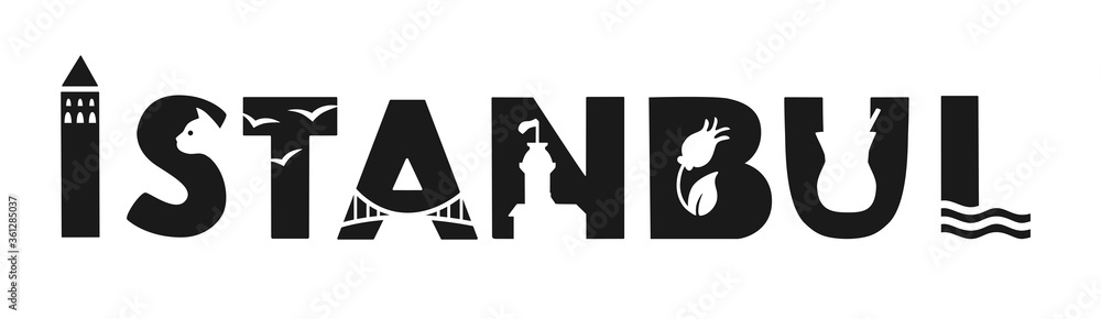 Obraz premium Istanbul. Logo design for the famous Turkish city. Silhouette of the landmarks and symbols in the city name. Vector illustration Istanbul, Turkey. Design for souvenir print and travel promotion.