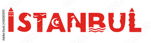 Istanbul. City logo design for the travel promotion. Silhouette of the landmarks and symbols in the word. Vector illustration Istanbul, Turkey. Travel design for souvenir print and travel promotion.