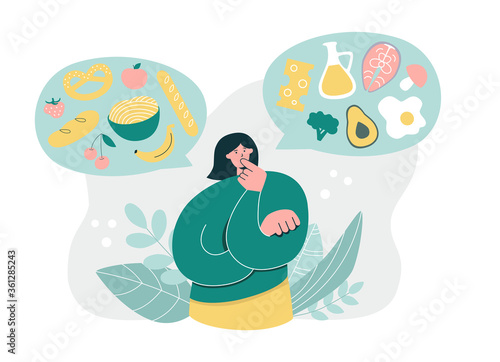 Woman thinking over Low Carb High Fat Diet. Young girl considering Keto Diet. Oversized woman choosing fat food over carbs. Healthy eating concept. Modern flat cartoon character. 
