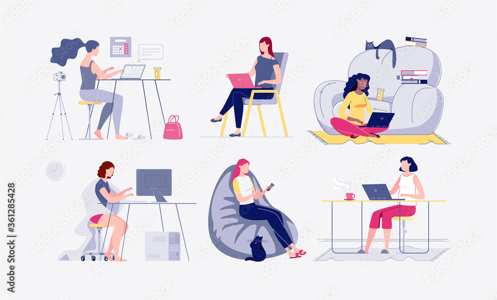 Freelance people. Set of illustrations of characters, young people work at home on the computer. Interiors at home, coworking. The concept of self-employment. Vector. Flat cartoon style. Illustration. Freelance people. Set of illustrations of characters, young people work at home on the computer. Interiors at home, coworking. The concept of self-employment. Vector. Flat cartoon style. Illustration.