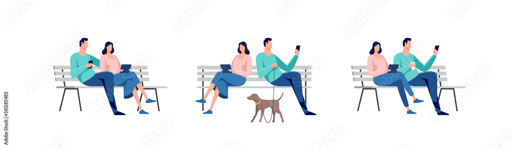 Young man and woman sitting in the city park on the bench. Set of vector illustrations.