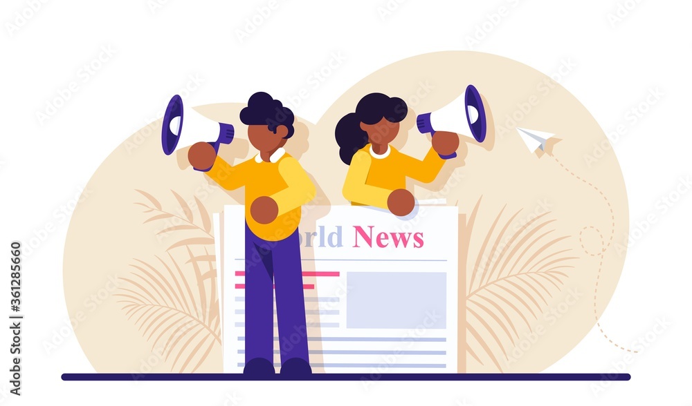 Concept of commercial, news broadcasting, advertisement, promotion in periodical publication. Person with megaphone or bullhorn promoting product on newspaper. Modern flat illustration.