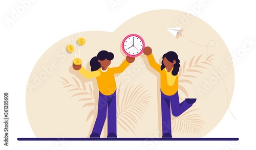 Concept of time or money, work-life balance. Woman resolving dilemma. Making decision or choosing between two options or alternatives, clock and dollar coins. Modern flat illustration.