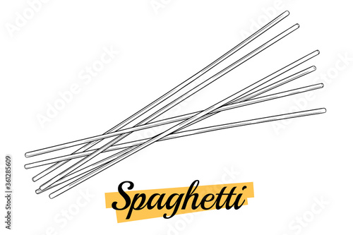 Raw spaghetti isolated on white background. Spaghetti pasta uncooked. Italian capellini pasta. Ingredient for preparing noodles. Home cooking concept. Vector illustration, engraving, outline, ink.