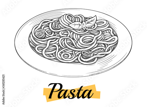 Spaghetti on plate. Vector vintage black engraving isolated on white background. Hand drawn design element for menu. Outline, ink.