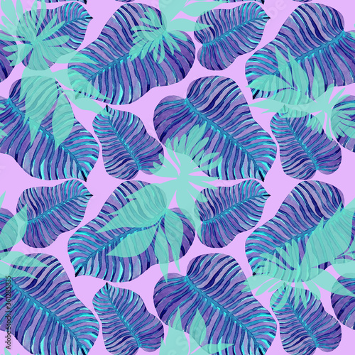 tropical seamless print with exotic plants on a pink background