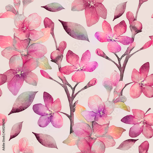 Watercolor seamless pattern. Pink flowers