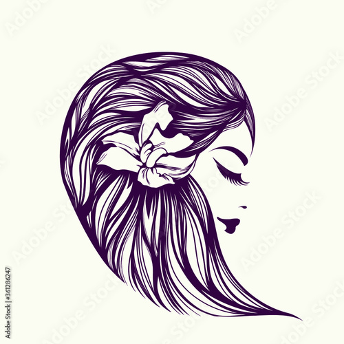 Beauty salon and hair studio logo.Cosmetics and spa icon.Beautiful woman with elegant hairstyle and makeup, wearing a flower in her hair.Long eyelashes and  lipstick.Profile view.