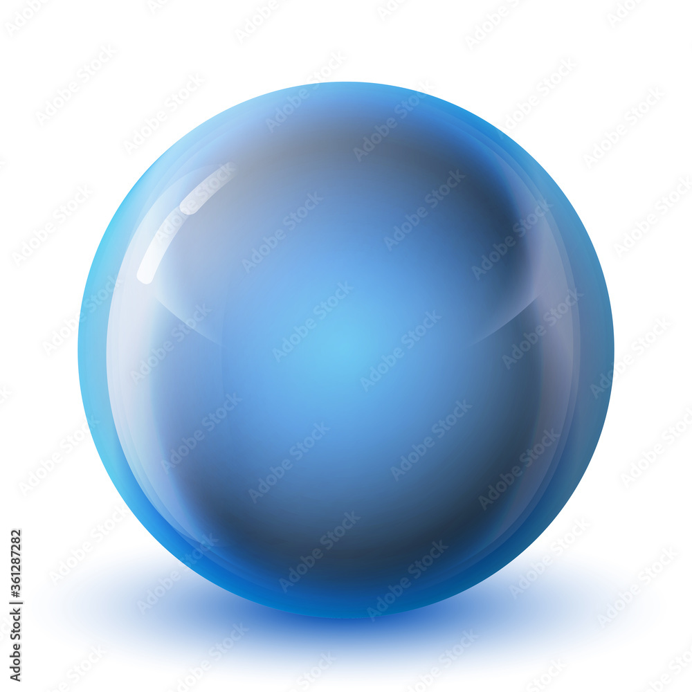 Glass blue ball or precious pearl. Glossy realistic ball, 3D abstract vector illustration highlighted on a white background. Big metal bubble with shadow.