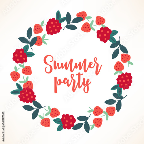 Greeting card with leaves, wild strawberry and raspberry. Berry wreath