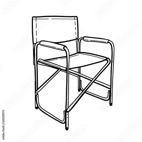 Foldable travel chair. Folding tourist chair for camping and fishing. Portable chair isolated on a white background. Vector illustration in  Doodle style.