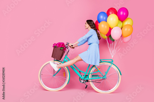 Fototapeta Naklejka Na Ścianę i Meble -  Full length body size profile side view of attractive cheery wavy-haired lady riding bike without legs wearing smart casual delivering decoration having fun isolated pink pastel color background