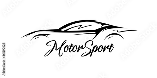 Motor sports car silhouette. Supercar showroom emblem design. Performance auto concept vehicle dealership logo style design. Vector illustration.