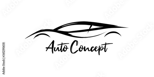 Auto Concept sports car silhouette. Supercar showroom emblem design. Performance motor vehicle dealership logo style design. Vector illustration.