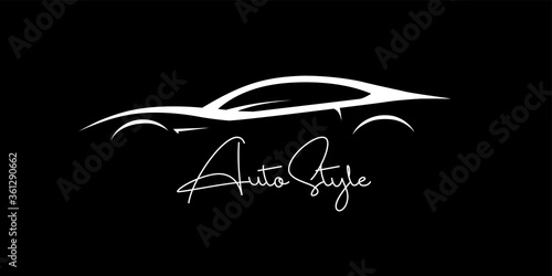 Auto Style sports car silhouette. Supercar showroom emblem design. Performance motor vehicle dealership logo concept design. Vector illustration.