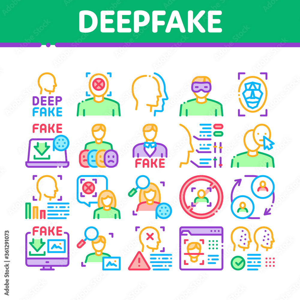 Deepfake Face Fake Collection Icons Set Vector. Human Face Research And Change, Computer Video Analysis And Downloading Image Concept Linear Pictograms. Color Illustrations Deepfake Face Fake Collection Icons Set Vector. Human Face Research And Change, Computer Video Analysis And Downloading Image Concept Linear Pictograms. Color Illustrations