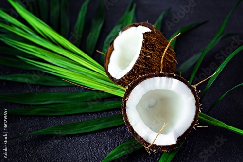 Ripe coconut with palm leaves on a dark background. Summer fruits, healthy eating concept. Healthy concept and Spa