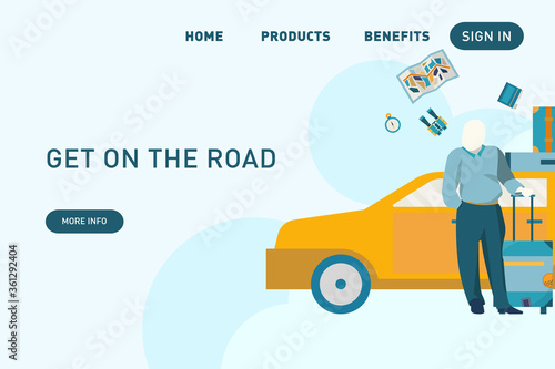 Get on the road landing page design. Car and traveller illustration. Summer vibe. 