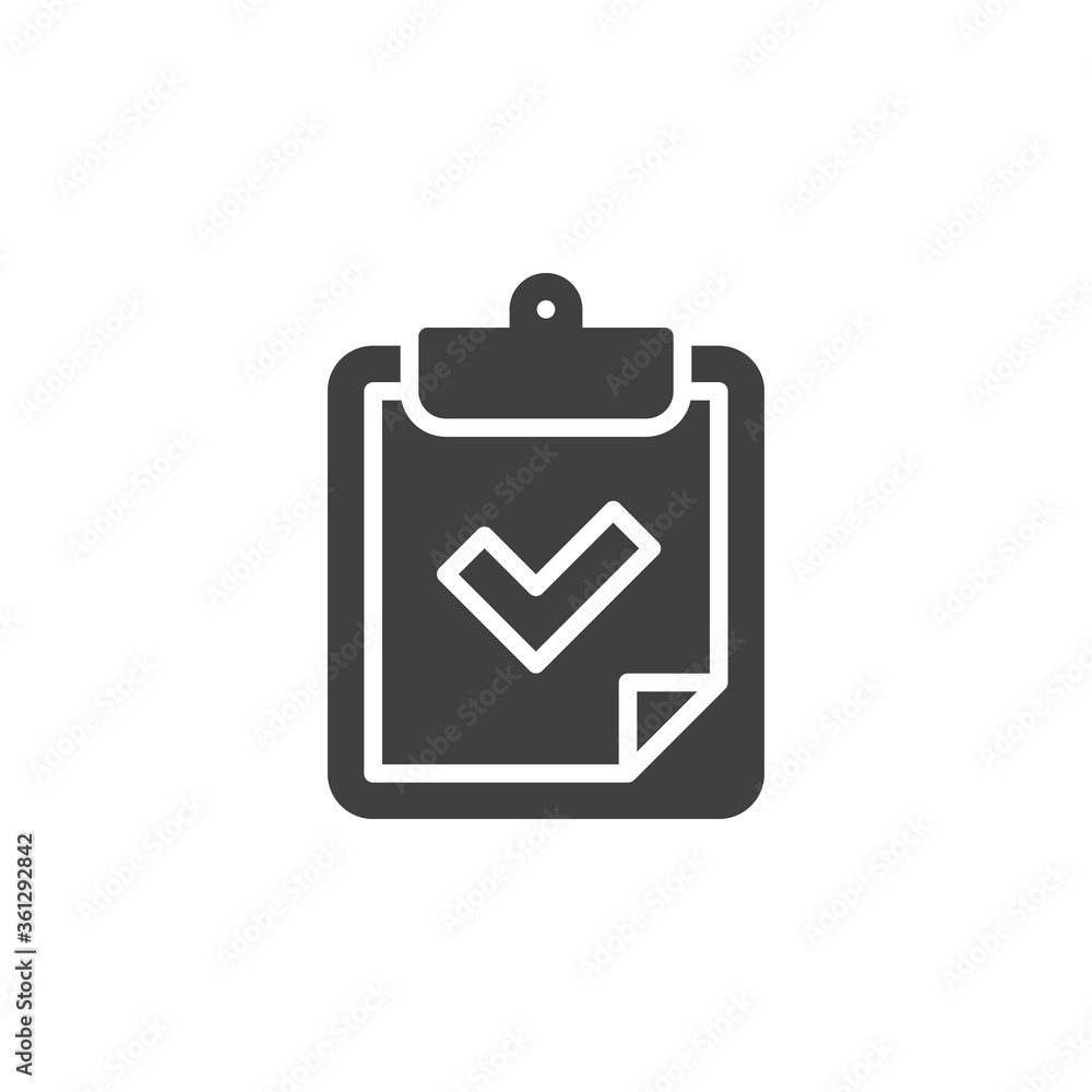 Checklist checkmark vector icon. filled flat sign for mobile concept and web design. Paper clipboard with check mark glyph icon. Symbol, logo illustration. Vector graphics Checklist checkmark vector icon. filled flat sign for mobile concept and web design. Paper clipboard with check mark glyph icon. Symbol, logo illustration. Vector graphics