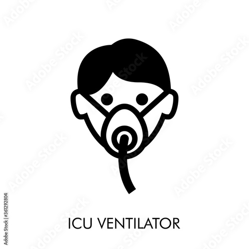 Concepto respirador en uci. Icono plano lineal cabeza de hombre con máscara para respirar en color negro