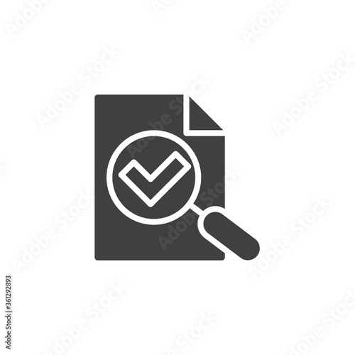 Document search completed vector icon. Check assess filled flat sign for mobile concept and web design. Magnifying glass and document file glyph icon. Symbol, logo illustration. Vector graphics