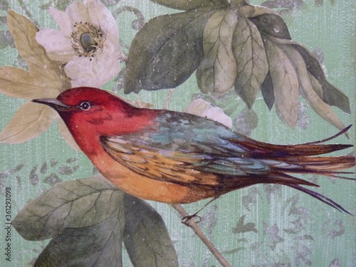 Closeup shot of a beautiful bird decoupage on a wooden furniture photo
