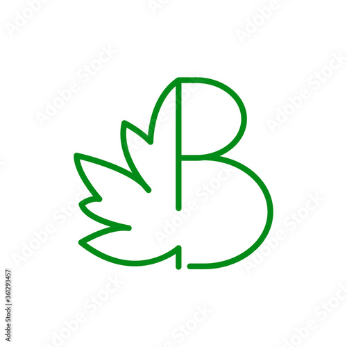 Concepto hoja de árbol. Logotipo lineal letra B con mitad hoja de arce en color verde