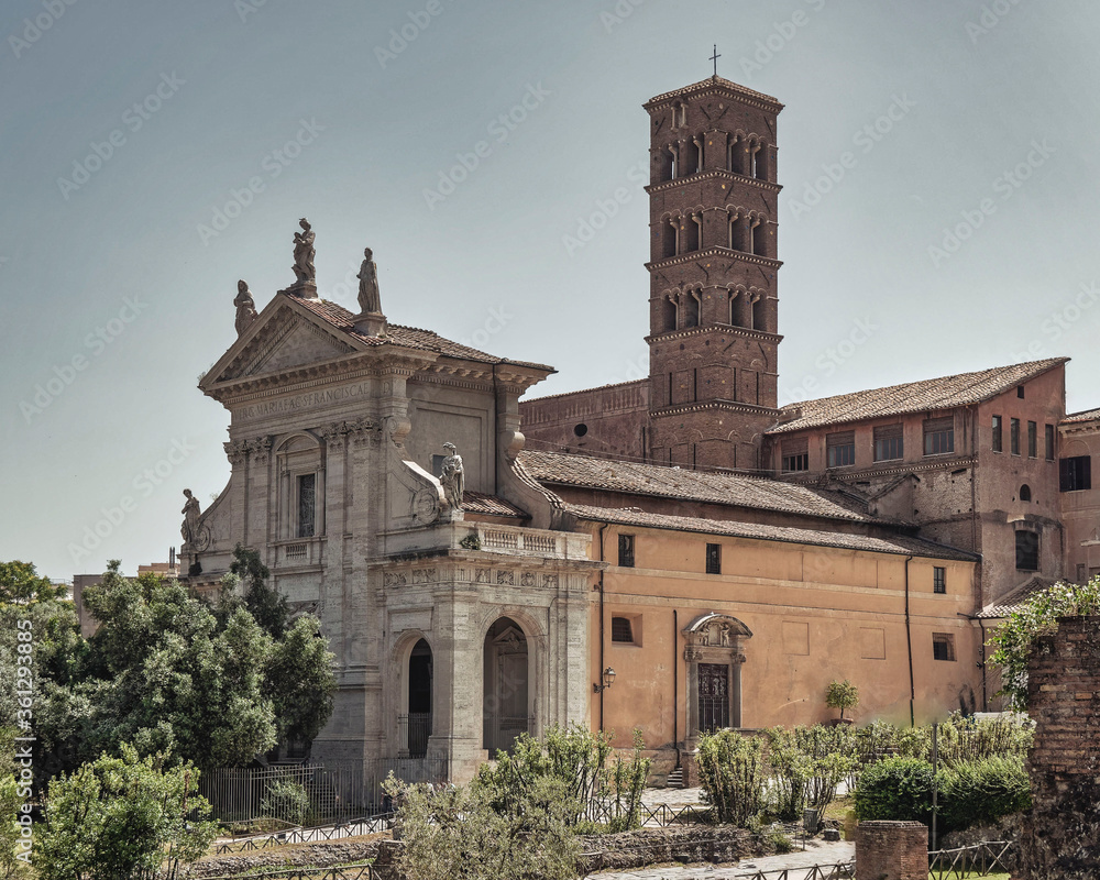 Rome Italy, the Basilica of Santa Franchesca Romana and tower in the Roman Forum