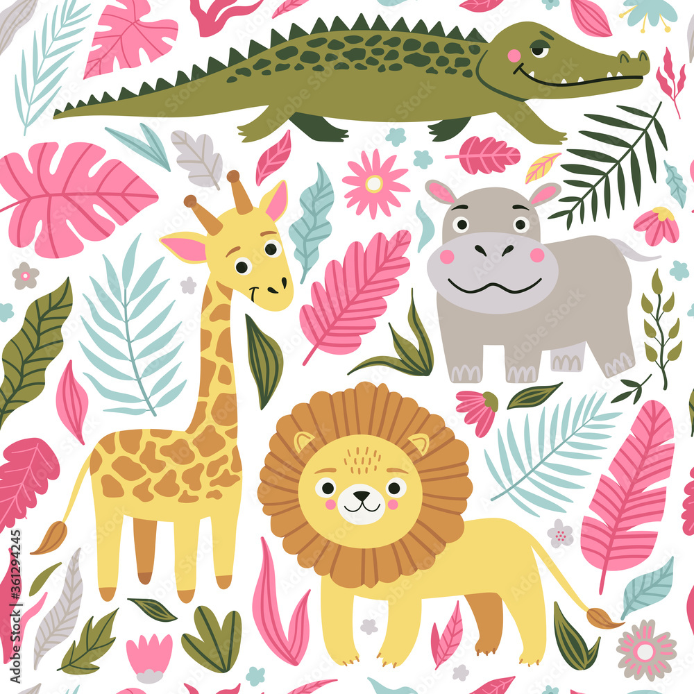 Seamless pattern of wild exotic animals living in savannah or tropical jungle. Vector bright illustration for kids Seamless pattern of wild exotic animals living in savannah or tropical jungle. Vector bright illustration for kids