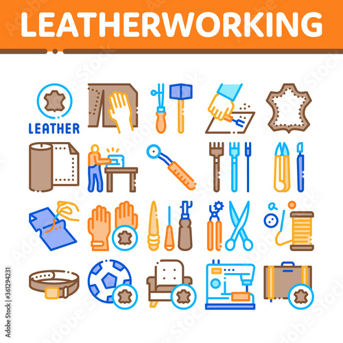 Leatherworking Job Collection Icons Set Vector. Leatherworking Material And Equipment, Instrument For Cut Leather And Worker, Ball And Belt Concept Linear Pictograms. Color Illustrations