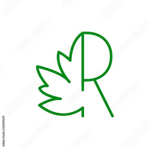 Concepto hoja de árbol. Logotipo lineal letra R con mitad hoja de arce en color verde