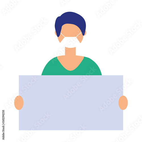 Man with medical mask and banner board vector design