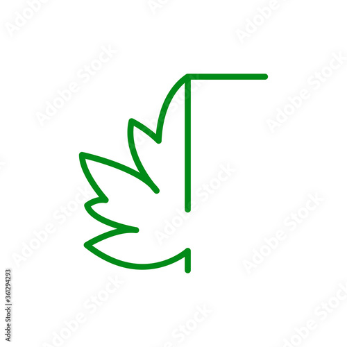 Concepto hoja de árbol. Logotipo lineal letra T con mitad hoja de arce en color verde