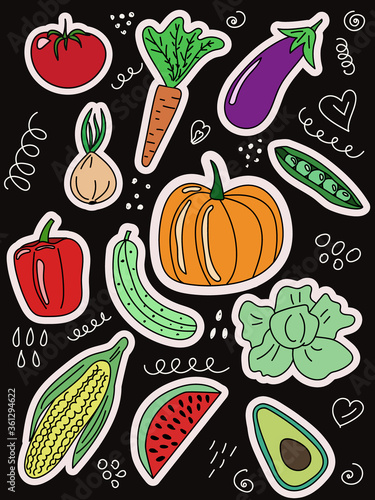 Cute cartoon vegetables for patches or stickers - a creative set that includes carrots, cabbage, corn, onions, tomatoes, avocados and more. Set of isolated elements vector illustration.
