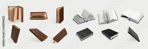 Realistic books set mockup. Collection of realism style drawn antique opened and closed textbooks with empty pages. Illustration of prose or poetry paper objects with bookmarks on white background.