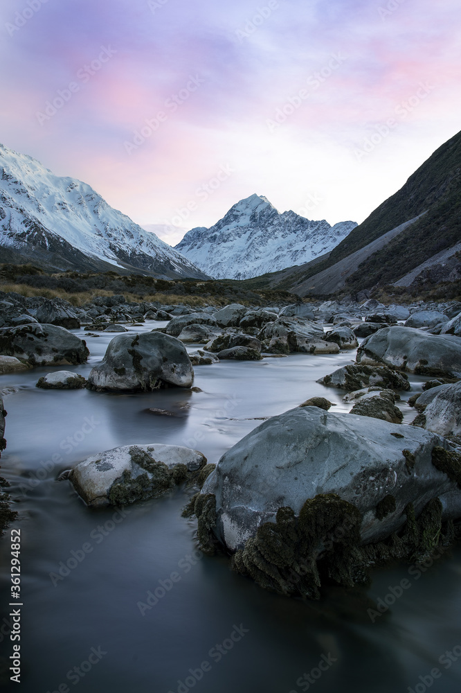 Fototapeta premium mountain sunrise landscape with river