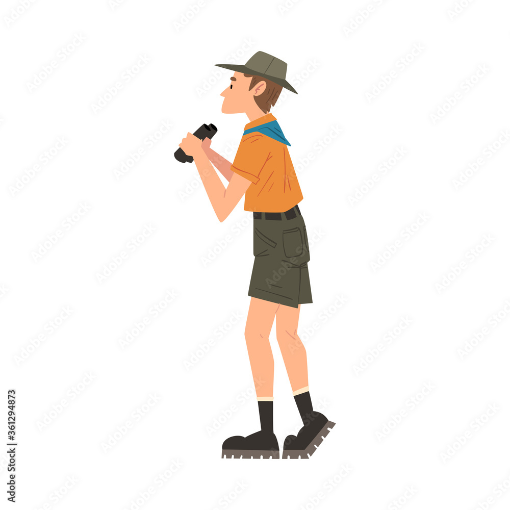 Man Forest Ranger Looking Through Binoculars, National Park Service Employee Character in Uniform Cartoon Style Vector Illustration