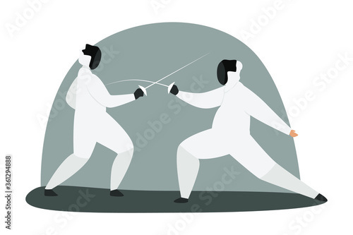 Fencing composition flat vector illustration. Swordsmen people trains with swords, rapier, sabre in suits and helmets. Championship, Sports types concept.