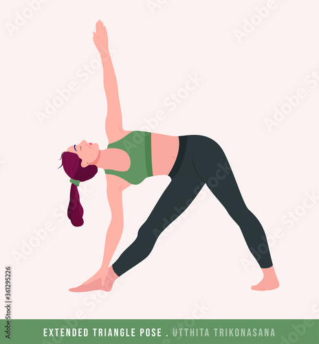 Extended Triangle Pose / Utthita Trikonasana Yoga pose. Young woman practicing yoga / exercise. Woman workout fitness, aerobic and exercises. Vector Illustration.