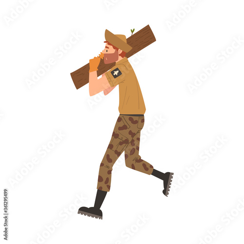 Man Forest Ranger Carrying Wooden Log, National Park Service Employee Character in Uniform Cartoon Style Vector Illustration