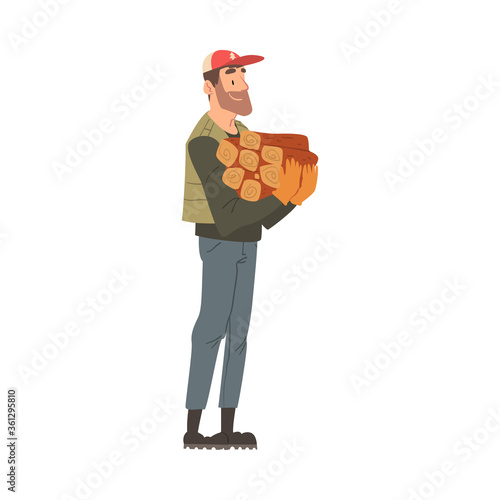 Man Forest Ranger Holding Bundle of Firewood, National Park Service Employee Character at Work Cartoon Style Vector Illustration