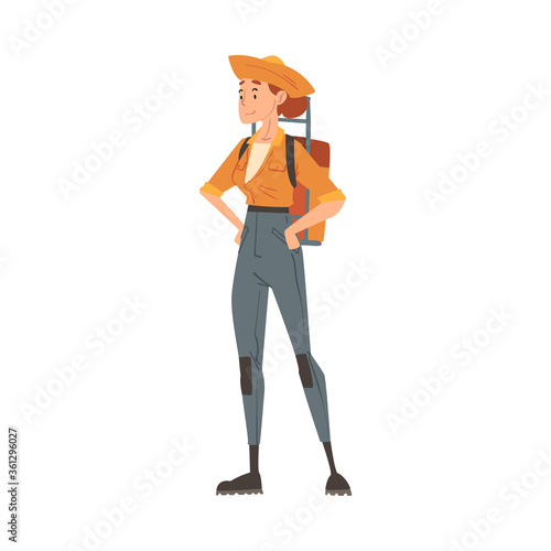 Girl Forest Ranger Standing with Backpack, National Park Service Employee Character in Uniform and Hat Standing with Hands on her Waist Cartoon Style Vector Illustration