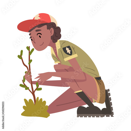 Girl Forest Ranger Caring for Plant, National Park Service Employee Character in Uniform Cartoon Style Vector Illustration