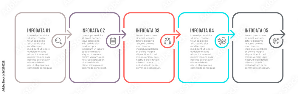 Obraz premium Business infographic template design with icons. Thin line process with 5 options, steps, arrows. Vector illustration.