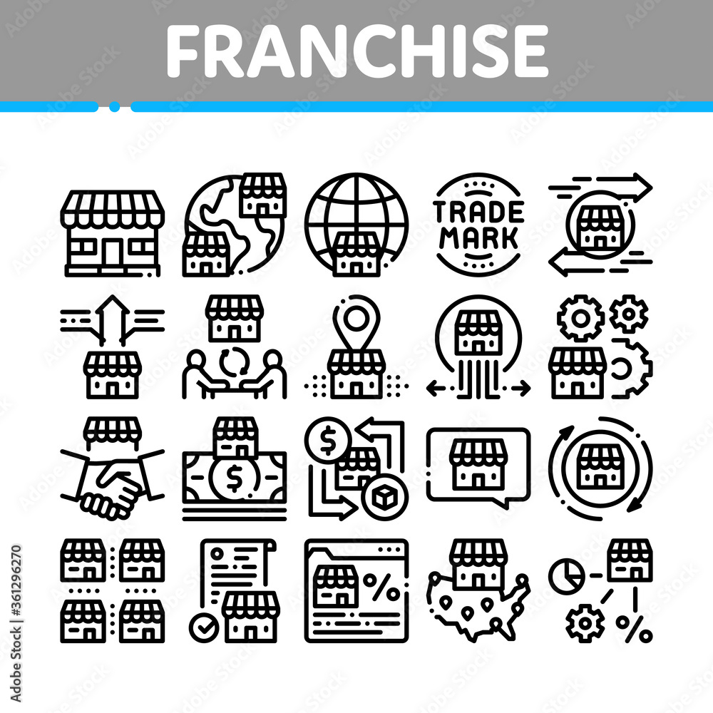 Franchise Business Collection Icons Set Vector. Franchise And Trade Mark, Wideworld Branches And Dollar, Handshake And Contract Concept Linear Pictograms. Monochrome Contour Illustrations